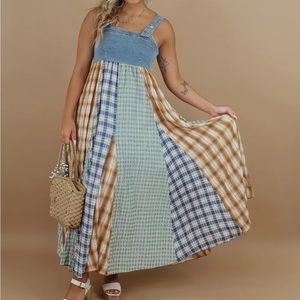 NWT DENIM PLAID SUSPENDER PATCHWORK MAXI DRESS
